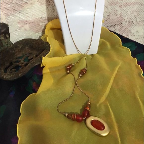 Vintage Necklace & Earrings Set Goldtone & Red Oval Beaded Necklace & Earrings - Picture 1 of 16